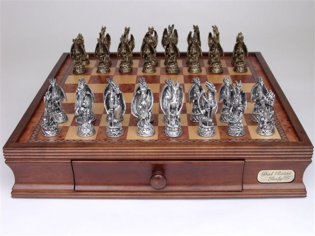 Dal Rossi Italy, Mystical Dragon Chess Set, Pewter, 95mm on Dal Rossi 40cm Chess Box