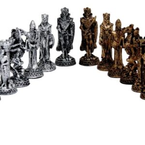 Dal Rossi Italy, Medieval Pewter Chessmen on a Walnut Inlaid Chess Box with Compartments 20"