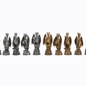 Dal Rossi Italy, Dragon, Pewter Chessmen on a Walnut Inlaid Chess Box with Compartments 20"