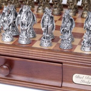 Dal Rossi Italy, Mystical Dragon Chess Set, Pewter, 95mm on Dal Rossi 40cm Chess Box