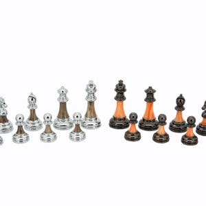 Dal Rossi Italy, Staunton Metal/Marble Finish Chessmen on a Walnut Inlaid Chess Box with Compartments 20"