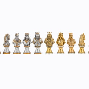 Dal Rossi Italy, Medieval Warriors chessmen on a Walnut Inlaid Chess Box with Compartments 20"