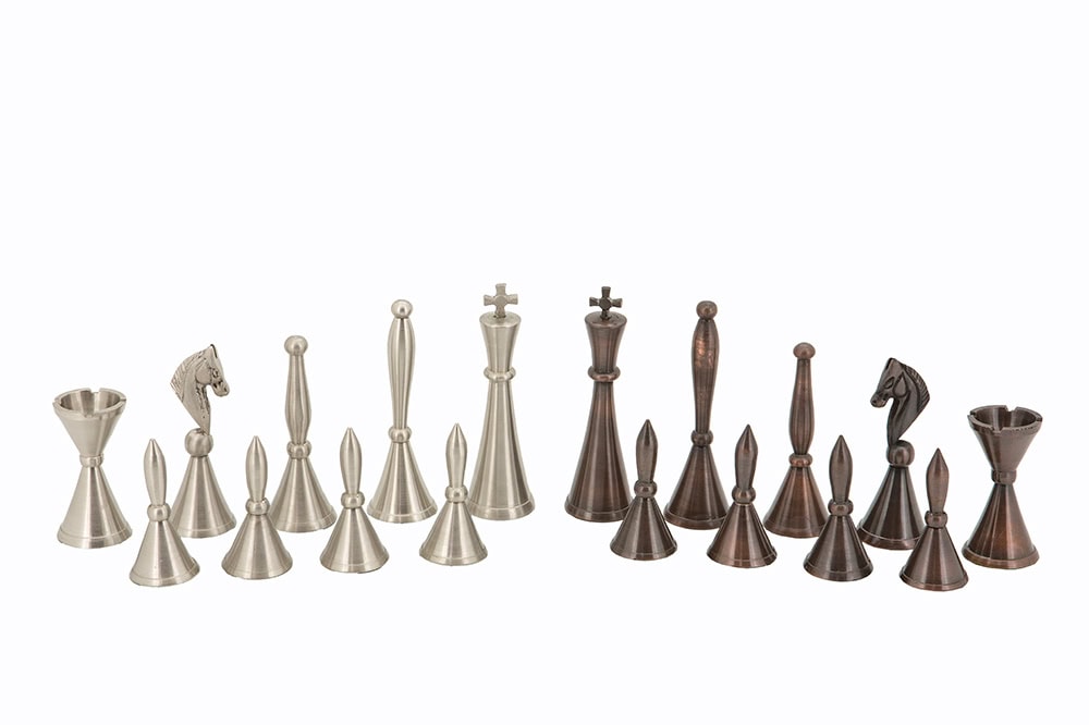 Dal Rossi Italy, Staunton Metal Chessmen on a Walnut Inlaid Chess Box with Compartments 20"
