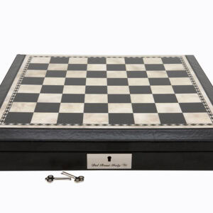 Dal Rossi Italy Chess Set 18” Black and White with PU Leather Black Edge with compartments, With Gray and Green Gold and Silver Metal Tops and Bottoms Chess Pieces 90mms
