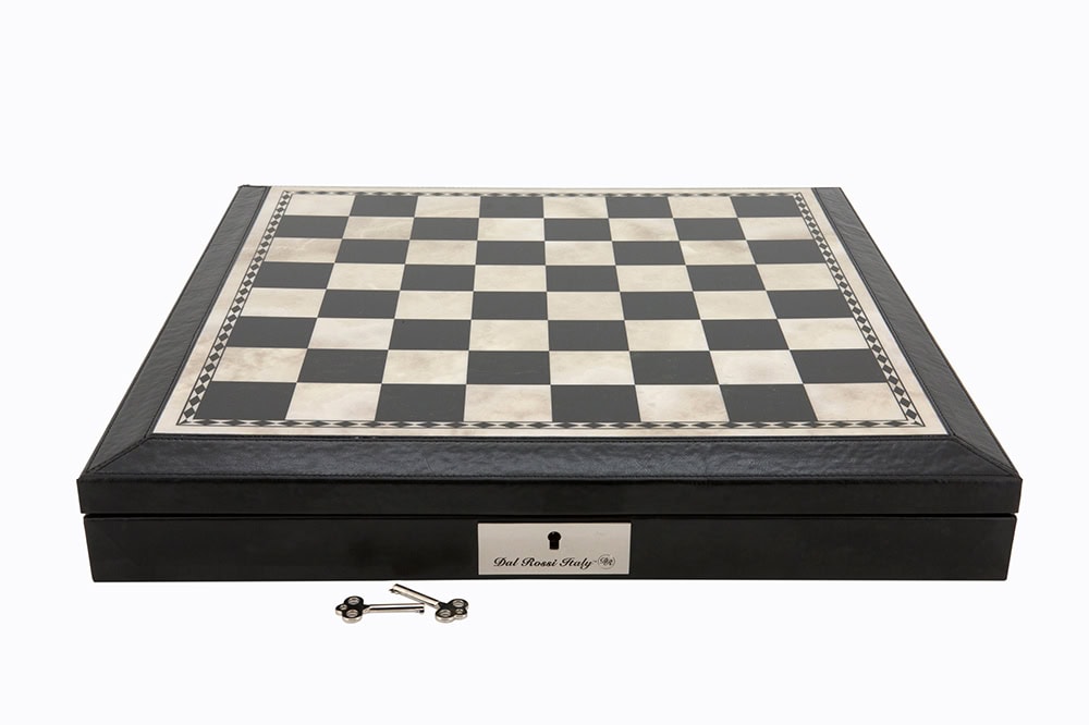 Dal Rossi Italy Chess Set 18” Black and White with PU Leather Black Edge with compartments, With Gray and Green Gold and Silver Metal Tops and Bottoms Chess Pieces 90mms