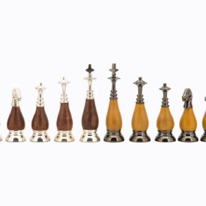 Dal Rossi Italy Brown PU Leather Bevilled Edge chess box with compartments 18" with Staunton Metal/Wood Chessmen