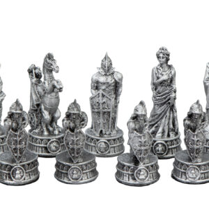 Dal Rossi Italy Roman Chessmen on a Black PU Leather Bevelled Edge chess box with compartments 18"