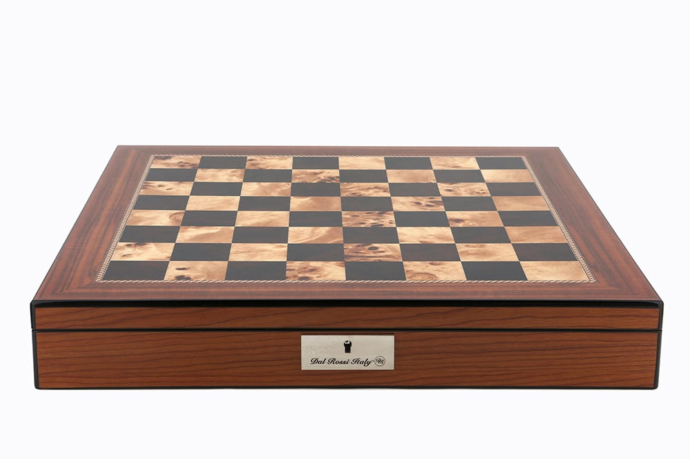 Dal Rossi Italy Chess Set Walnut Shinny Finish 20″ With Compartments, With Black and White with Gold and Gun Metal Tops and Bottoms Chessmen 110mm