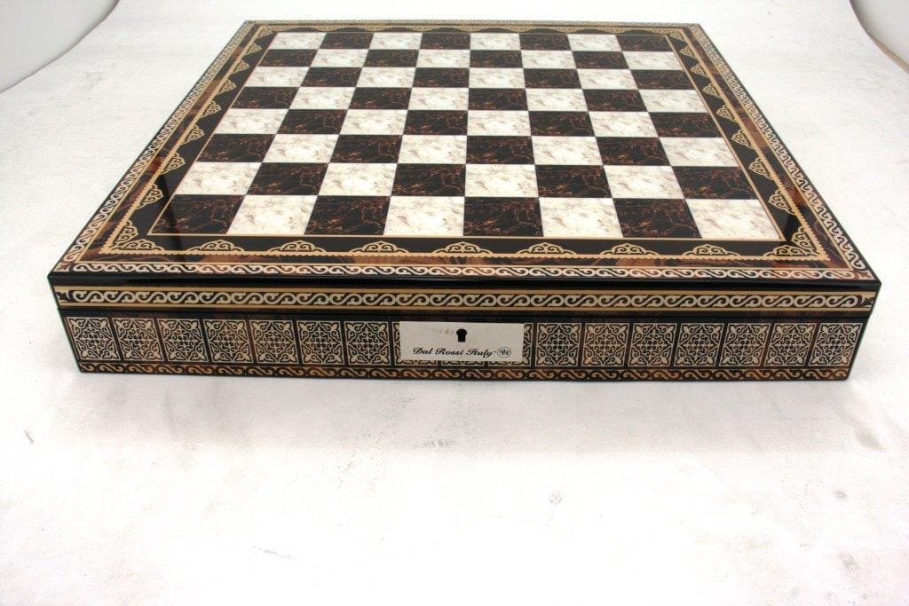 Dal Rossi Italy Chess Box Mosaic Finish 20" with compartments with Black Ebony and Wood Grain Finish101mm Chess pieces