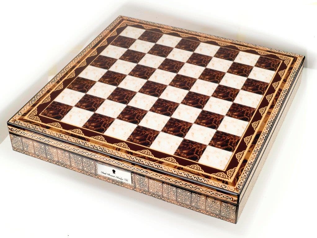 Dal Rossi Italy Chess Set Mosaic Finish 20″ With Compartments, With  Gray and Green Gold and Silver Metal Tops and Bottoms Chess Pieces 90mm