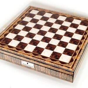 Dal Rossi Italy Chess Set Mosaic Shinny Finish 20″ With Compartments, With Metal Dark Titanium and Silver chessmen 85mm