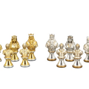 Dal Rossi Italy, Medieval Warriors Metal Chessmen 85mm on a Brown PU Leather Bevelled Edge chess box with compartments 18"