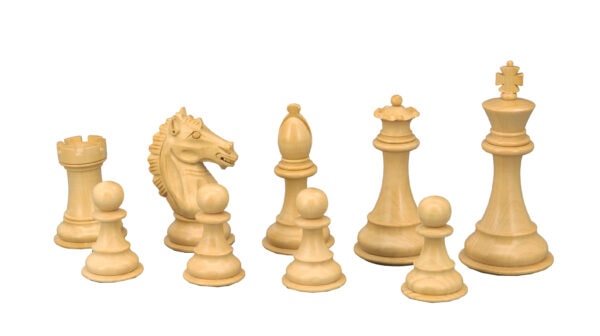 Dal Rossi Italy, Ebony Finish / Boxwood 95mm Wood Double Weighted on a Black PU Leather Bevelled Edge chess box with compartments 18"