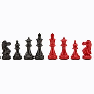 Dal Rossi Italy, Staunton Black and Red Double Weighted Chessmen on a Walnut Inlaid Chess Box with Compartments 20"