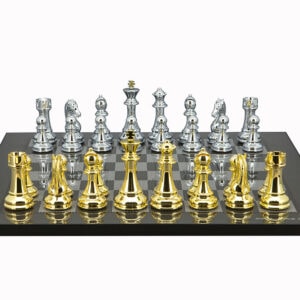 Dal Rossi Italy Gold / Silver Chess Pieces on Carbon Fibre Finish Chess Board 50cm