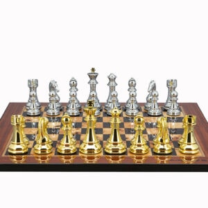 Dal Rossi Italy Gold & Silver Chess Pieces on Walnut Shiny Finish Chess Board 20”