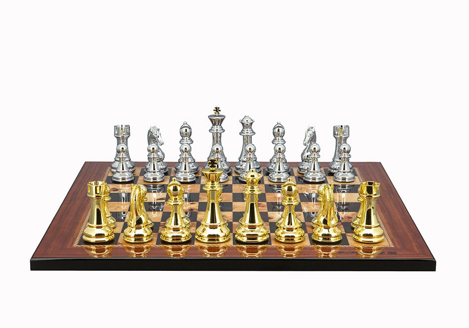 Dal Rossi Italy Gold & Silver Chess Pieces on Walnut Shiny Finish Chess Board 20”