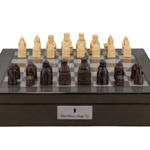 Dal Rossi Italy Isle of Lewis Chess Set on a Carbon Fibre Shiny Finish Chess Box 16” with compartments