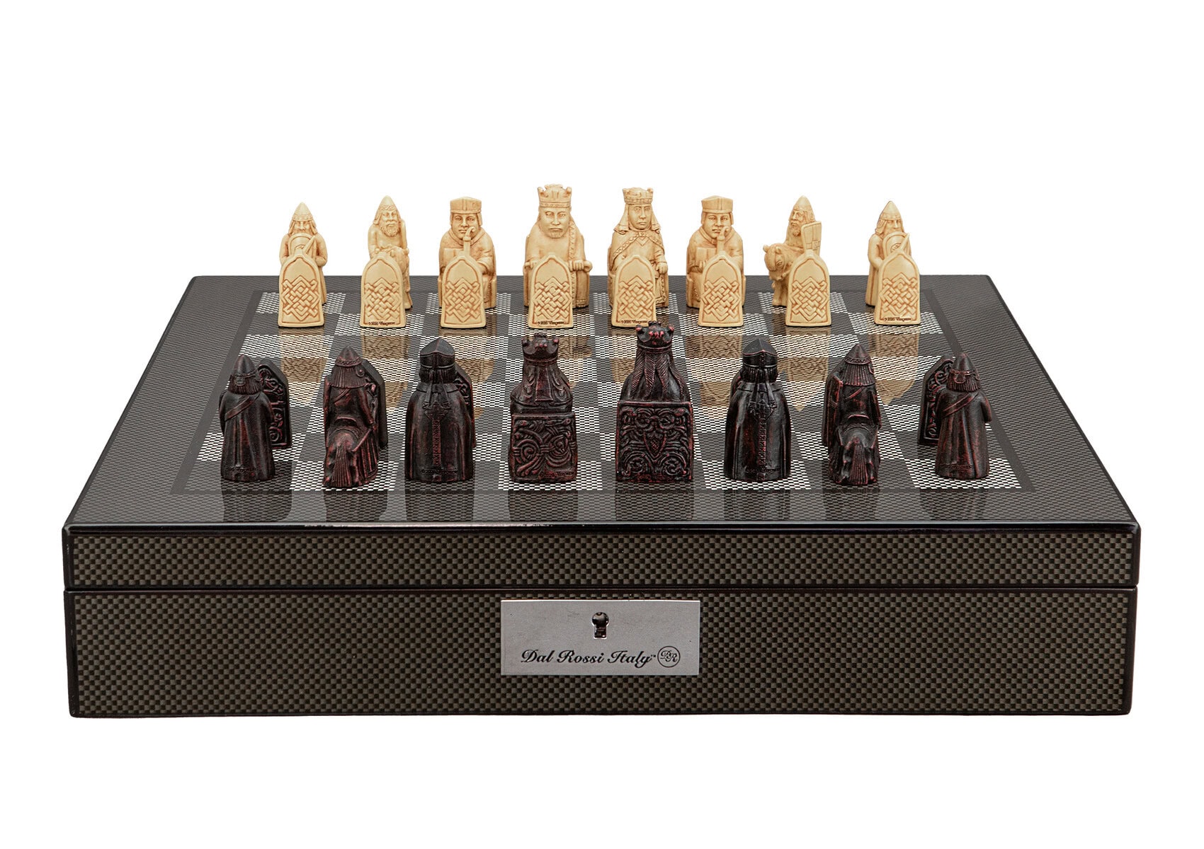 Dal Rossi Italy Isle of Lewis Chess Set on a Carbon Fibre Shiny Finish Chess Box 16” with compartments
