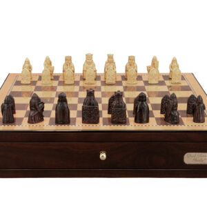 Dal Rossi Italy Isle of Lewis Chess Set on a Shiny Walnut Chess Box with Drawers 18"