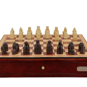 Dal Rossi Italy Isle of Lewis Chess Set on a Shiny Mahogany Chess Box with Drawers 18"