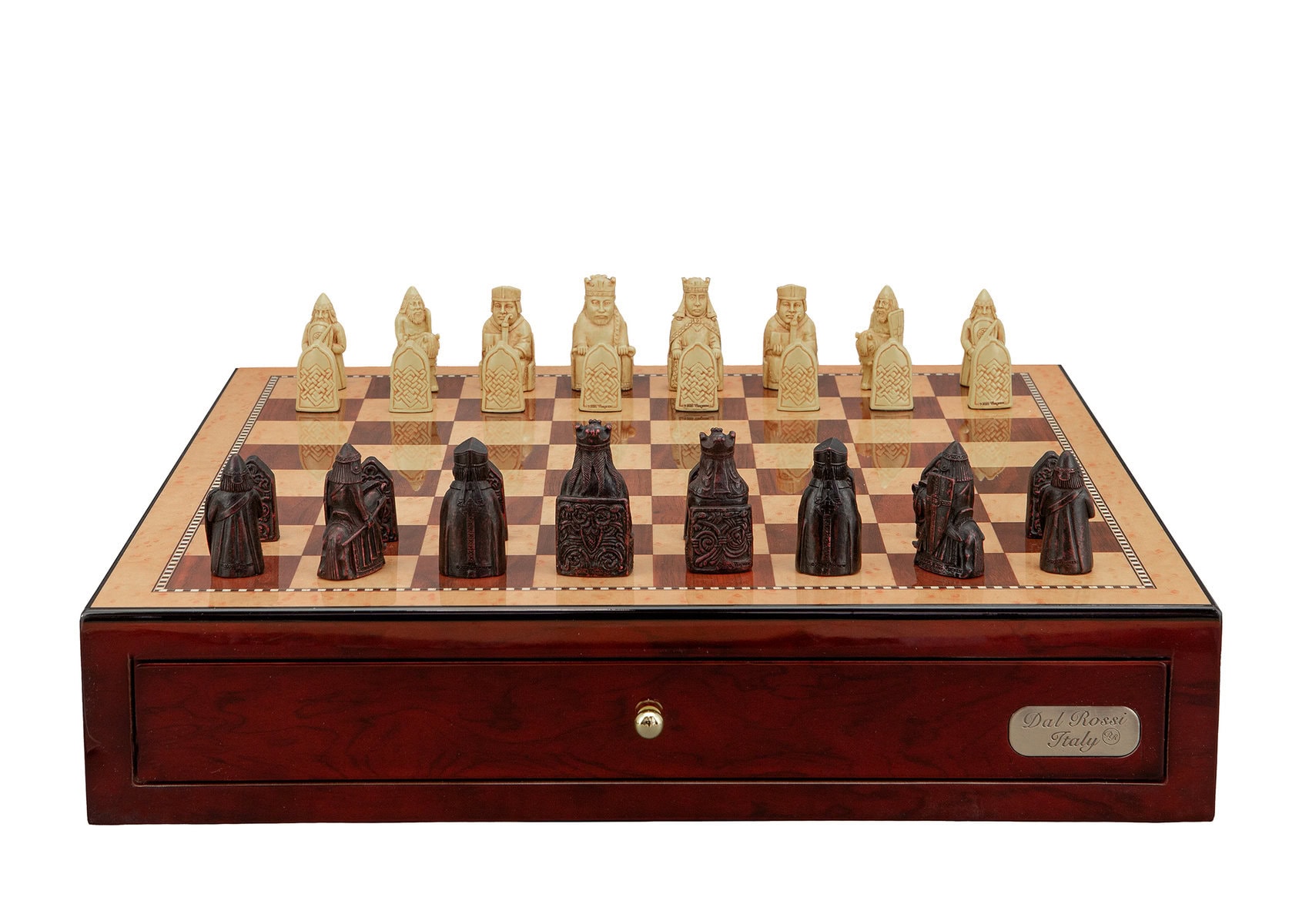 Dal Rossi Italy Isle of Lewis Chess Set on a Shiny Mahogany Chess Box with Drawers 18"
