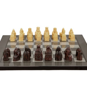 Dal Rossi Italy Isle of Lewis Chess Set on a Carbon Fibre Shiny Finish Chess Board 40cm