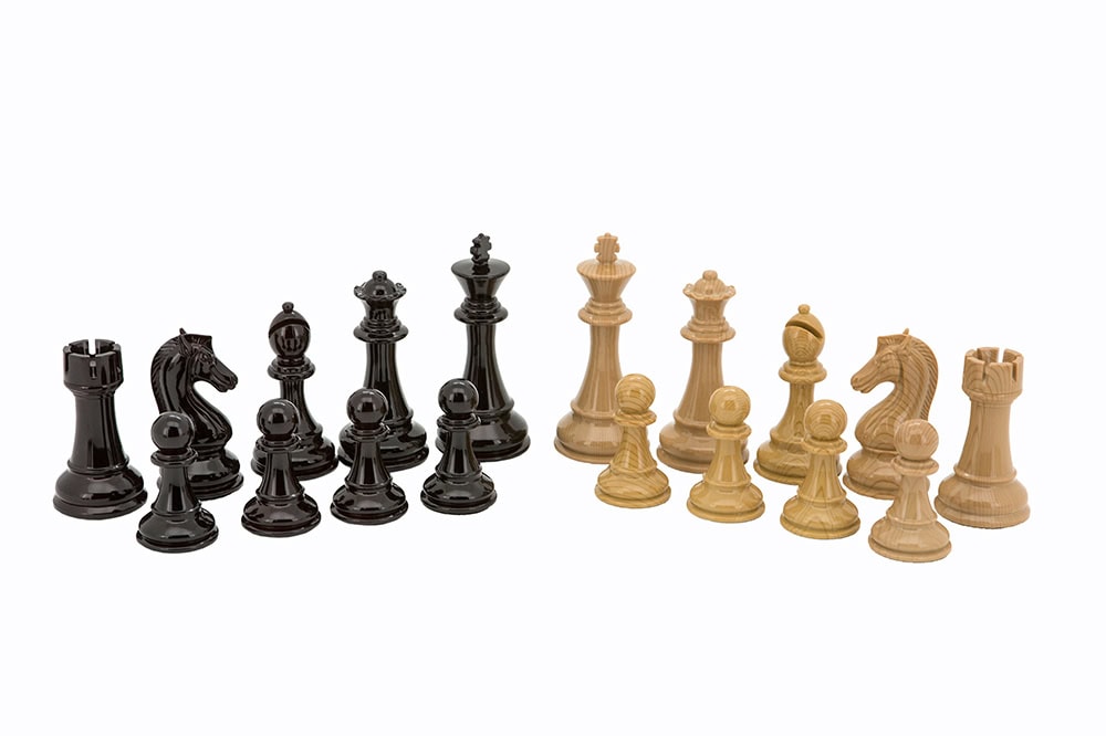 Dal Rossi Italy Black Ebony & Wood Grain Finish Weight pieces110mm Chessmen on a Walnut Inlaid Chess Box with Compartments 20"