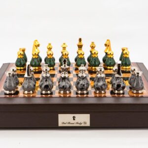 Dal Rossi Italy Chess Set 18” Brown with PU Leather Edge with compartments, With Gray and Green Gold and Silver Metal Tops and Bottoms Chess Pieces 90mm