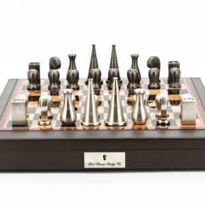 Dal Rossi Italy Chess Set 18” Brown with PU Leather Edge with compartments, With Metal Dark Titanium and Silver 90mm Chessmen