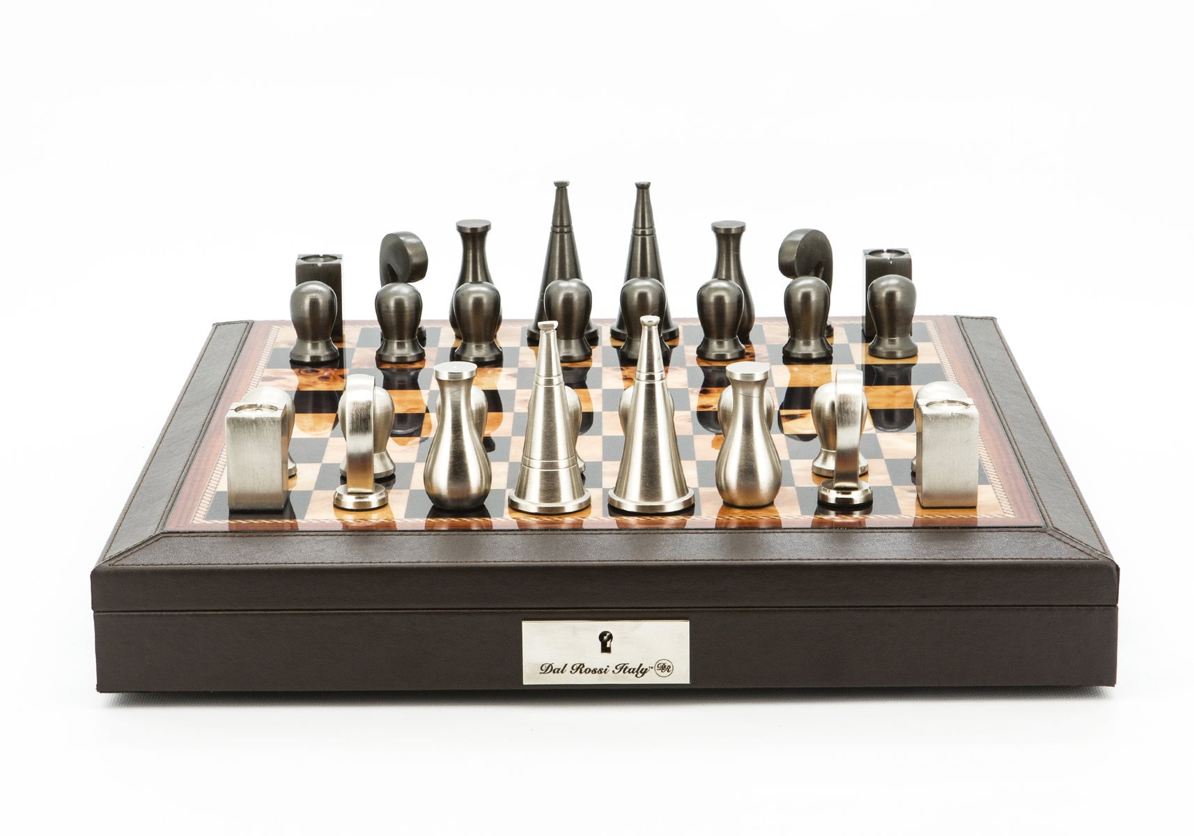 Dal Rossi Italy Chess Set 18” Brown with PU Leather Edge with compartments, With Metal Dark Titanium and Silver 90mm Chessmen