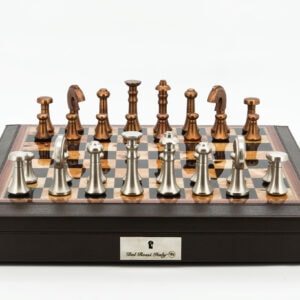 Dal Rossi Italy Chess Set 18” Brown with PU Leather Bevelled Edge with compartments, With Metal Copper and silver Chessmen 80mm