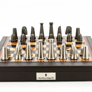 Dal Rossi Italy Chess Set 18” Brown with PU Leather Edge with compartments, With Metal Dark Titanium and Silver chessmen 85mm