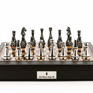 Dal Rossi Italy Chess Set 18” Brown with PU Leather Edge with compartments, With Metal Dark Titanium and Silver chessmen 85mm