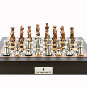 Dal Rossi Italy Chess Set 18” Brown with PU Leather Edge with compartments, With Copper & Silver Weighted Metal 85mm Chess Pieces