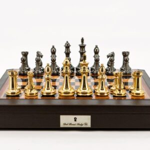 Dal Rossi Italy Chess Set 18" Brown and White with PU Leather Brown Edge with compartments, With Very Heavy Brass Staunton Gold and Silver chessmen 110mm