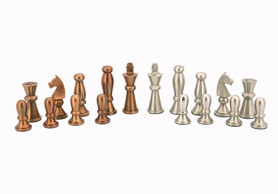 Dal Rossi Italy, Metal Copper and Silver Chessmen on a Walnut Inlaid Chess Box with Compartments 20"