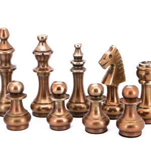 Dal Rossi Italy, Metal Copper and Silver Chessmen on a Walnut Inlaid Chess Box with Compartments 20"
