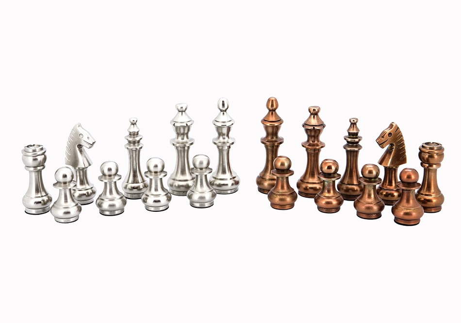 Dal Rossi Italy Chess Set Flat  Black/Erable Board 50cm, With Copper & Silver Weighted Metal 100mm Chess Pieces