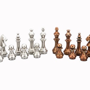 Dal Rossi Italy Chess Set Walnut Finish Flat Board 50cm, With Copper & Silver Weighted Metal Chess Pieces 100mm pieces