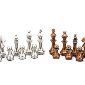 Dal Rossi Italy Chess Set Mahogany Finish 20″ With Compartments, With Copper & Silver Weighted Metal Chess Pieces 100mm pieces