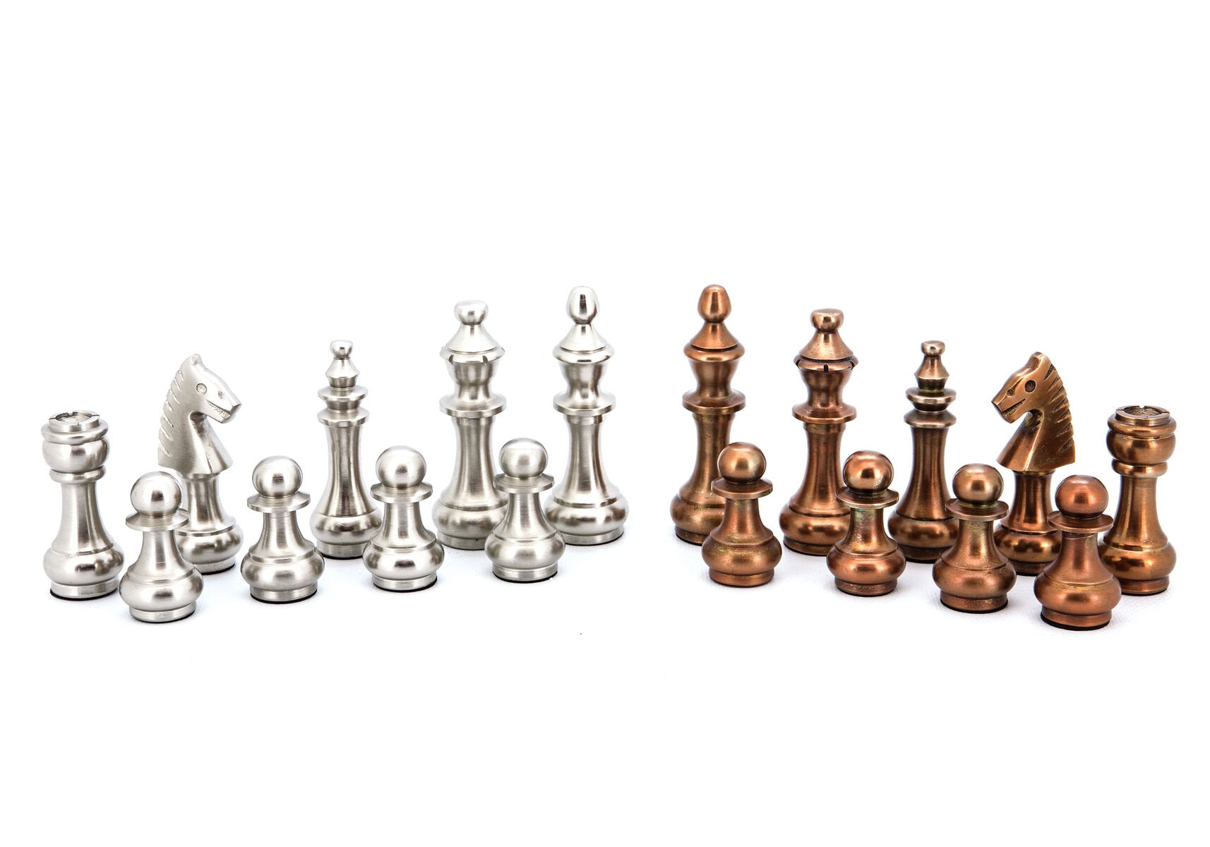 Dal Rossi Italy Chess Set Walnut Finish 20″ With Two Drawers, With Copper & Silver Weighted Metal Chess Pieces 100mm pieces