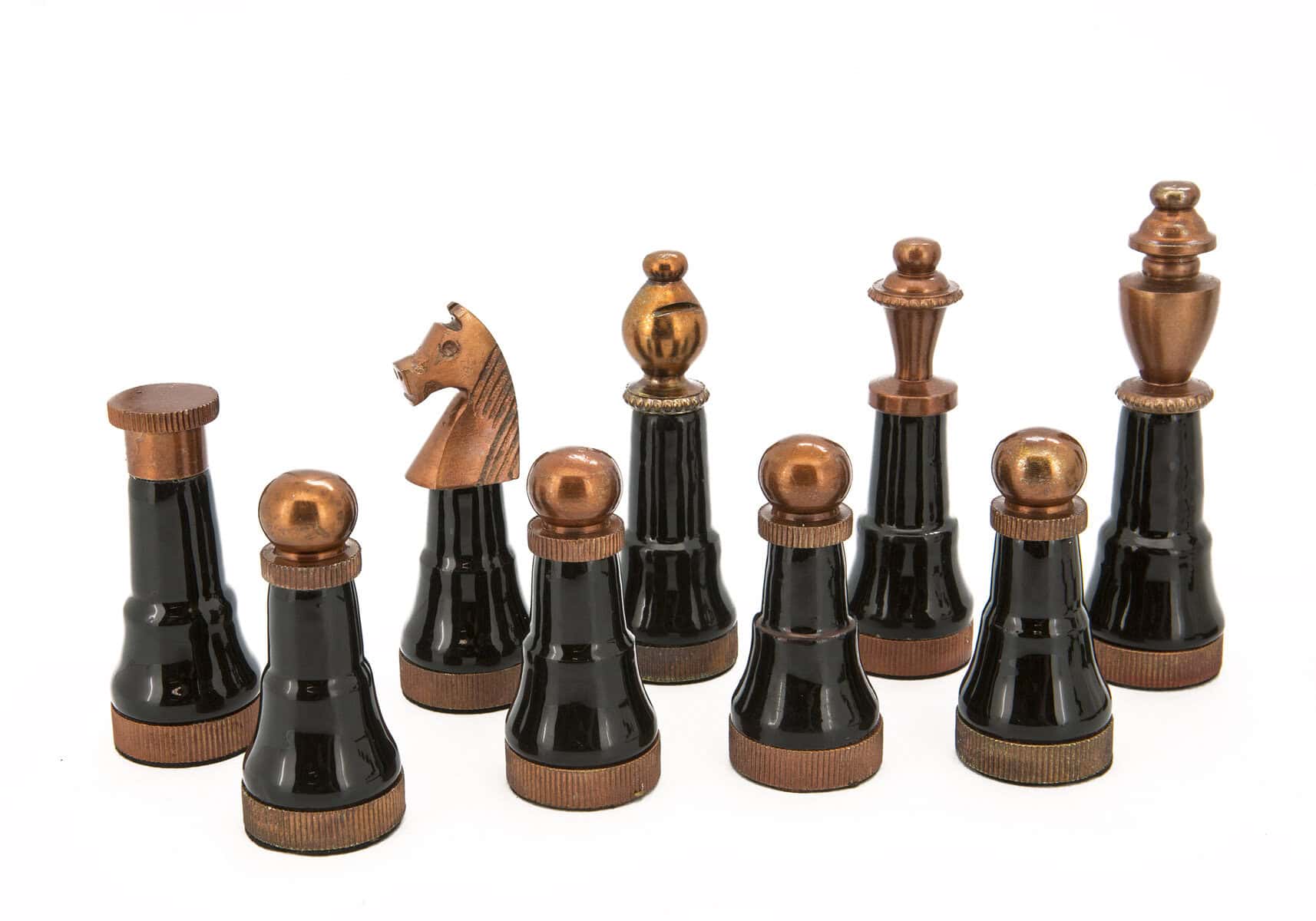 Dal Rossi Italy Chess Set Mahogany Finish 20″ With Compartments, With Black and White with Copper and Gun Metal Gray Tops and Bottoms Chess Pieces 110mm