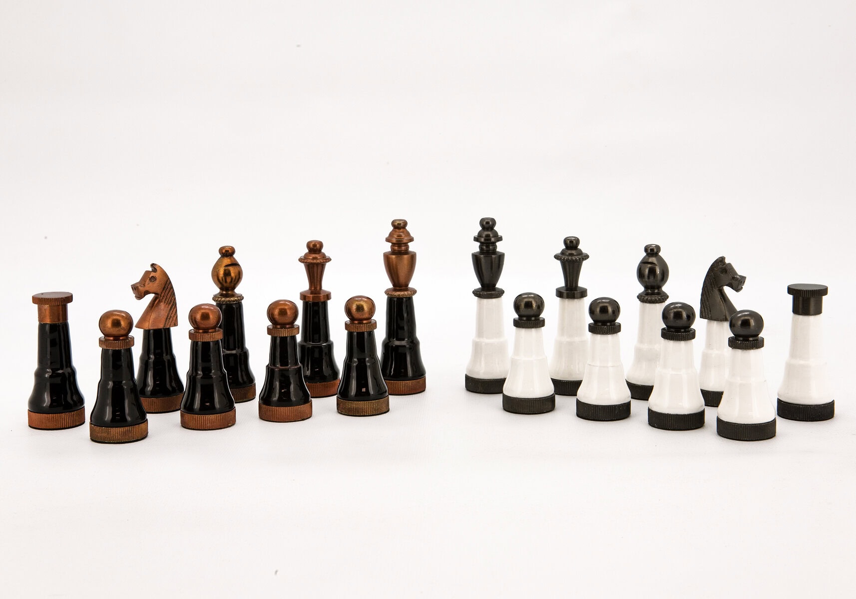 Dal Rossi Italy, Black and White with Copper and Gun Metal Gray Tops and Bottoms Chessmen 110mm on a Walnut Inlaid Chess Box with Compartments 20"