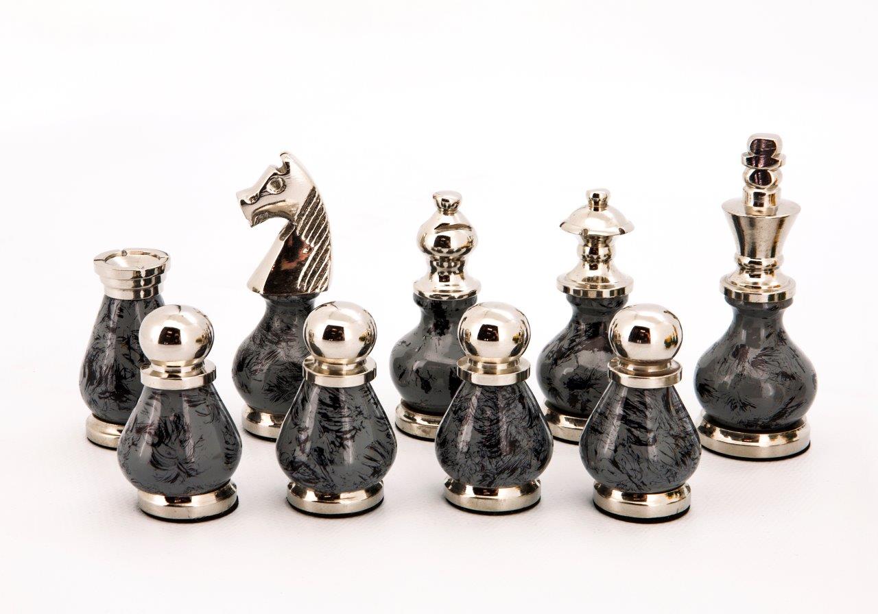 Dal Rossi Italy Chess Set Carbon Fibre Finish Flat Board 40cm, With Gray and Green Gold and Silver Metal Tops and Bottoms Chess Pieces 90mm