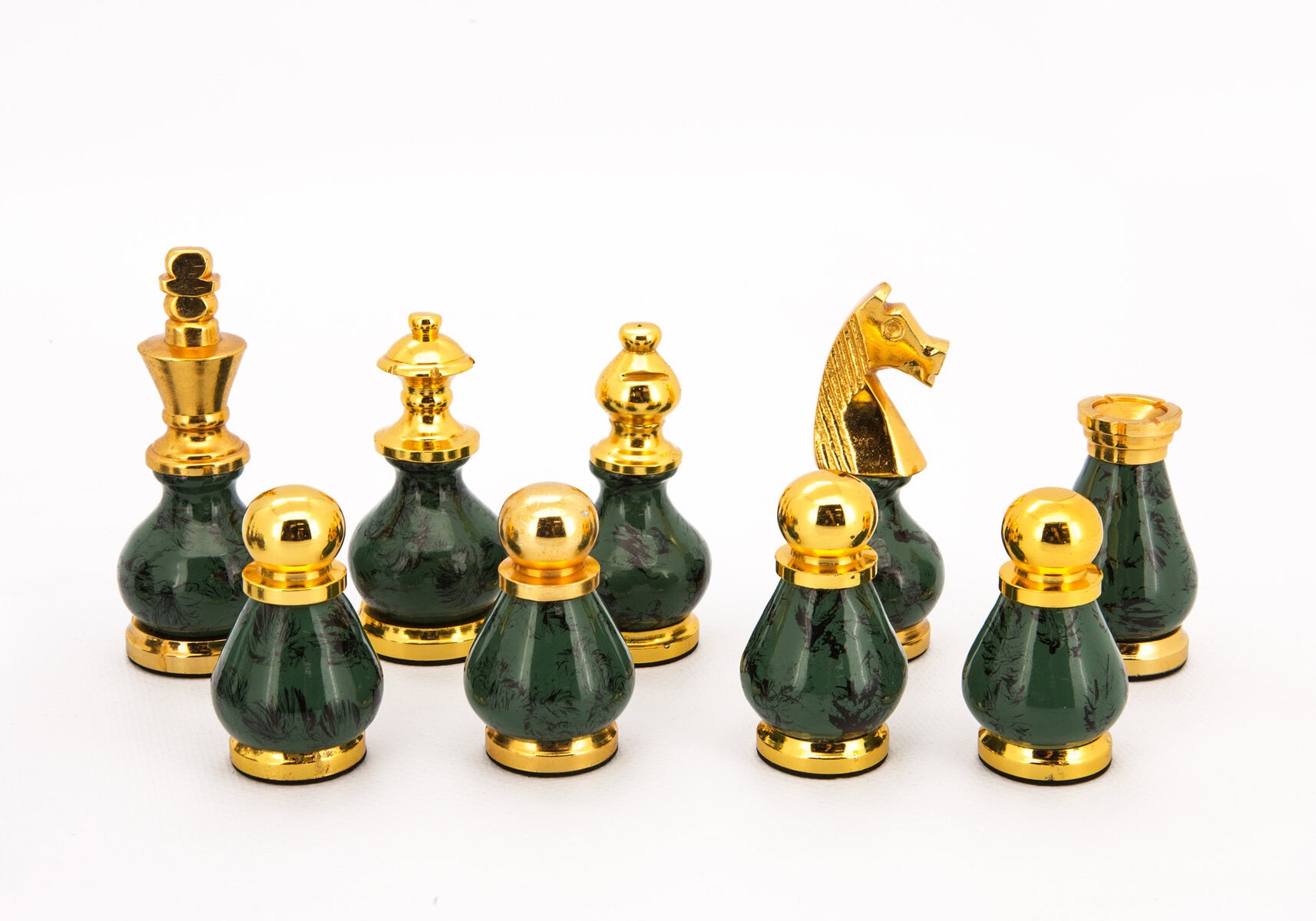 Dal Rossi Italy, Gray and Green with Gold and Silver Tops and Bottoms Chessmen 90mm