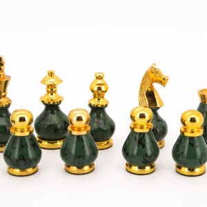 Dal Rossi Italy Chess Set Carbon Fibre Finish 16″ With Compartments, With Gray and Green Gold and Silver Metal Tops and Bottoms Chess Pieces 90mm