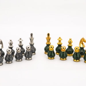 Dal Rossi Italy Chess Set Mahogany Shinny Finish 20″ With Compartments, With Gray and Green Gold and Silver Metal Tops and Bottoms Chess Pieces 90mm
