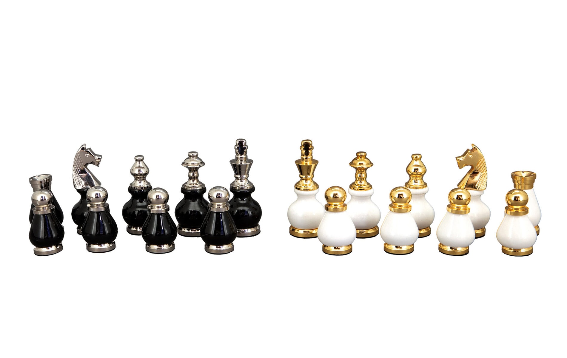 Dal Rossi Italy, Black and White with Gold and Silver Tops and Bottoms Chessmen 90mm on a Walnut Chess Box with Drawers 16"