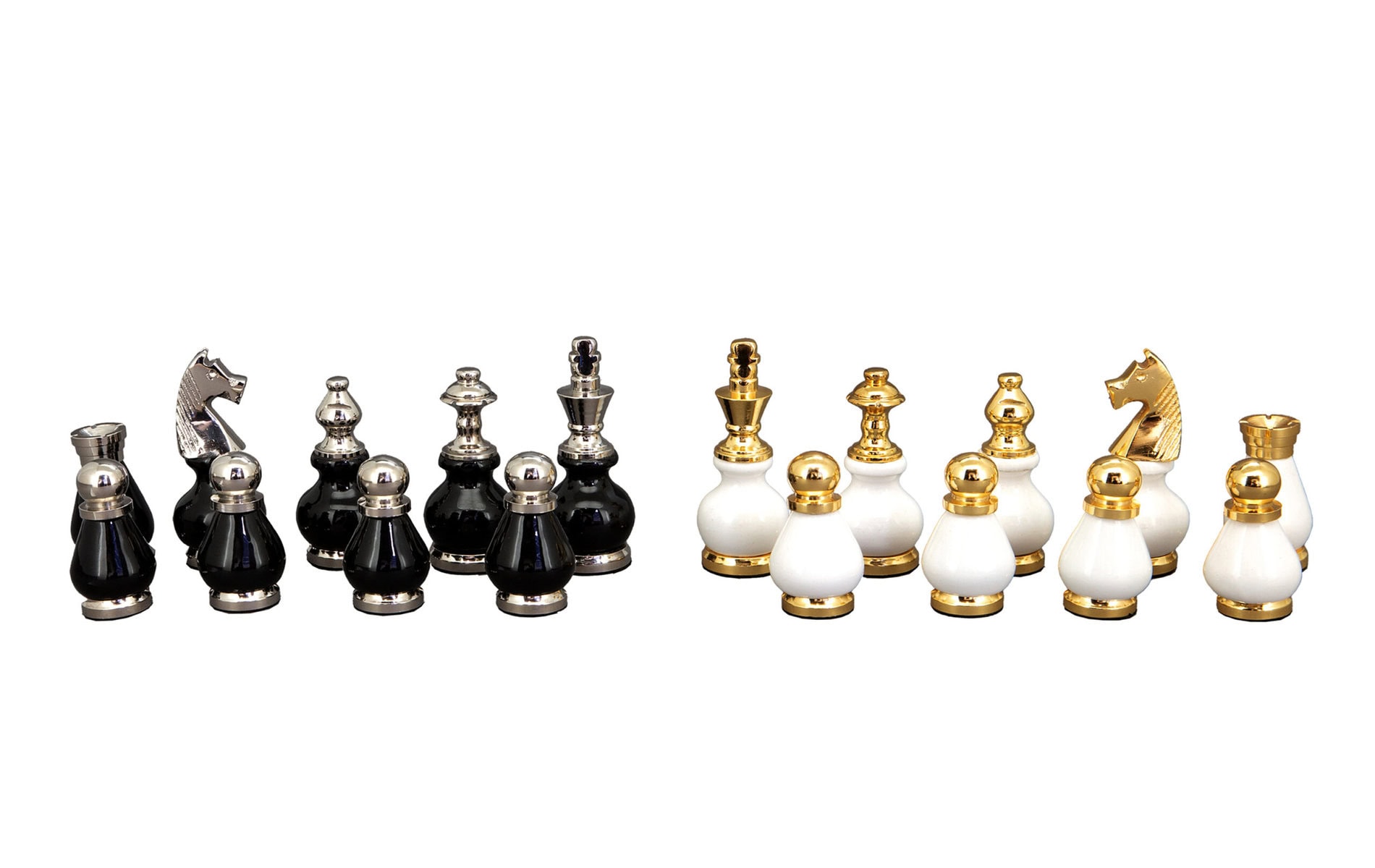 Dal Rossi Italy, Black and White with Gold and Silver Tops and Bottoms Chessmen 90mm on a Brown PU Leather Bevelled Edge chess box with compartments 18"